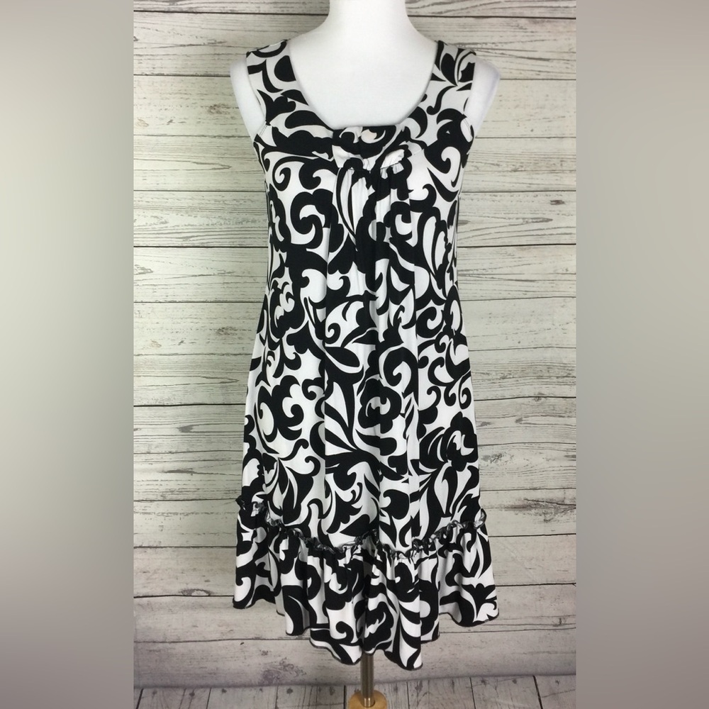 Enfocus Studio Women's Black White Sleeveless Tiered Stretch Shift Dress